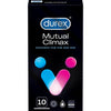 Durex Mutual Climax -kondomipakkaus; suorakulmainen, kiiltäväpintainen ja pääosin musta rasia metallisen sinisin ja pinkein yksityiskohdin; etiketissä teksti "Designed for Him and Her", sinisiä ja pinkkejä pilleriaiheisia kuvioita sekä ikonit 10 pintakuvioidusta ja voidellusta kondomista; suuri lihavoitu valkoinen merkki yläosassa; kuvattu valkoista studiotaustaa vasten, ei ihmisiä tai käsiä näkyvissä.