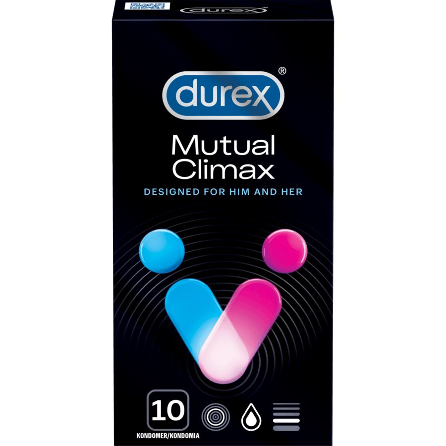 Durex Mutual Climax -kondomipakkaus; suorakulmainen, kiiltäväpintainen ja pääosin musta rasia metallisen sinisin ja pinkein yksityiskohdin; etiketissä teksti "Designed for Him and Her", sinisiä ja pinkkejä pilleriaiheisia kuvioita sekä ikonit 10 pintakuvioidusta ja voidellusta kondomista; suuri lihavoitu valkoinen merkki yläosassa; kuvattu valkoista studiotaustaa vasten, ei ihmisiä tai käsiä näkyvissä.