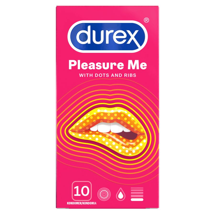 Durex Pleasure Me -kondomipakkaus; vaaleanpunainen, suorakulmainen ja kiiltäväpintainen rasia, kuvituksena keltaiset tyyliteltyt huulet ja aaltoviivat sekä teksti "Pleasure Me"; alaosan ikonit osoittavat 10 voideltua, rihlattua kondomia; merkin nimi lihavoidulla valkoisella tekstillä, lisätiedot pienemmällä; kuvattu neutraalia taustaa vasten, ei ihmisiä tai käsiä näkyvissä.