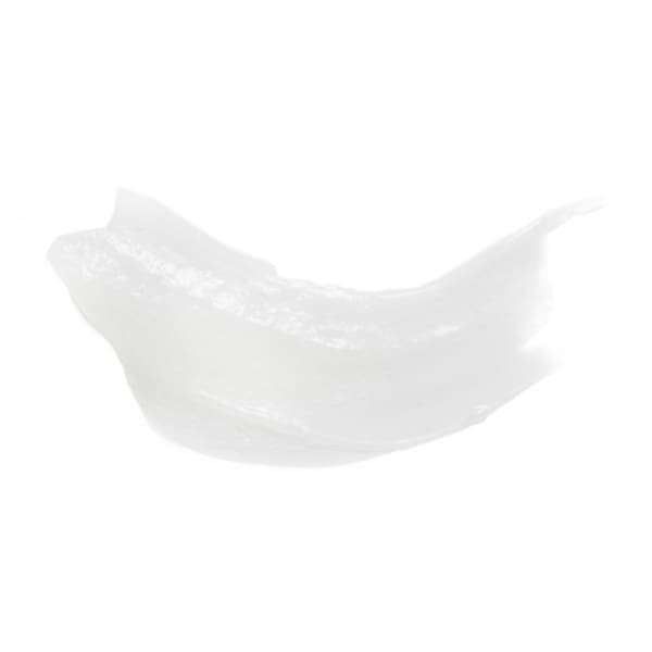 Ecodenta Whitening -valkaiseva hammastahna; sivellys kirkasta, valkoista voidetta tai geeliä valkoisella taustalla, pinta kiiltävä ja puolikuultava; ei näkyvää astiaa, pakkausta, etikettejä, tekstiä tai käsiä; kuva lähikuvana ylhäältä, tausta tasaisesti valaistu ja pelkistetty.