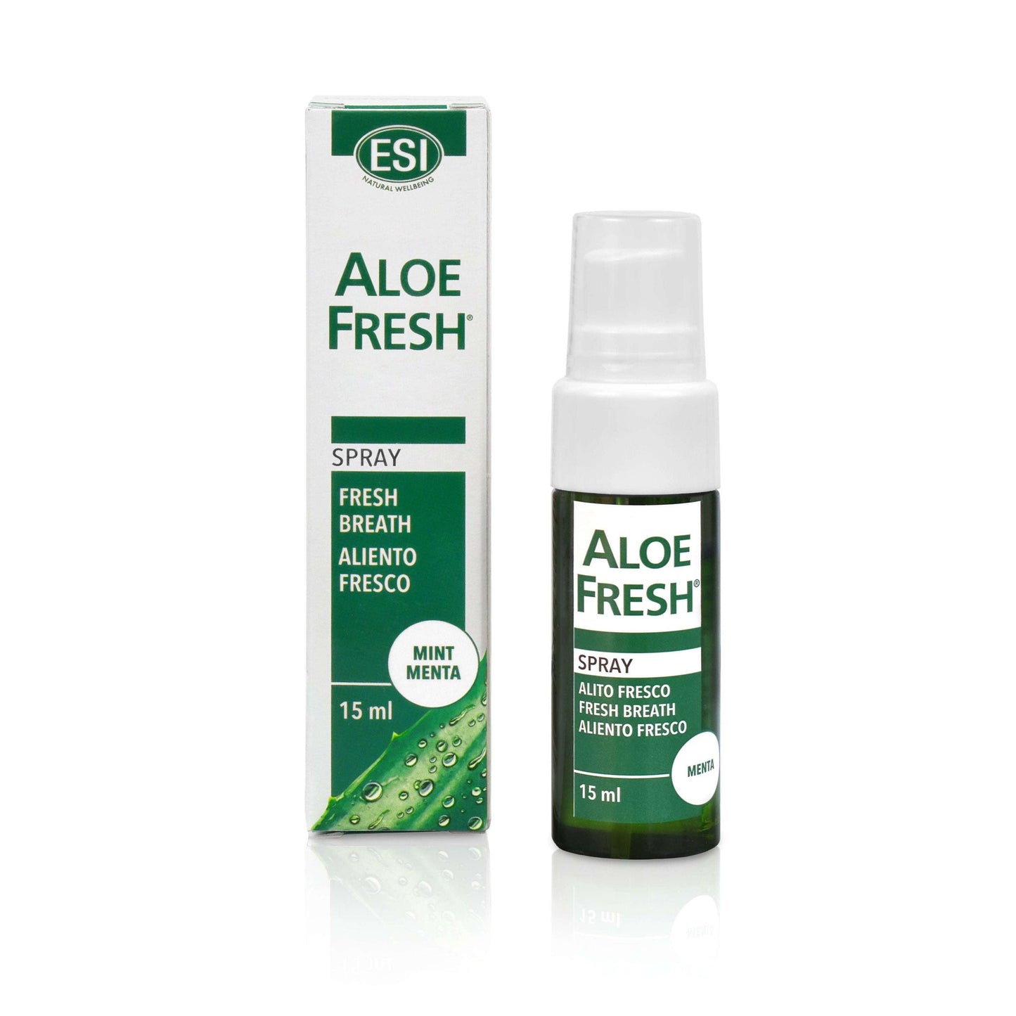 A 15 ml ESI Aloe Fresh spray bottle and its box, labeled for fresh breath with mint flavor and enriched with aloe. The packaging is green and white with aloe imagery, featuring text in English and Spanish. Both items have a rectangular shape; the bottle appears plastic with a glossy finish, while the box is matte cardboard. Sans-serif font is used on both package surfaces. The background is plain white, no people or hands present, image taken from eye level showing both front labels fully visible.