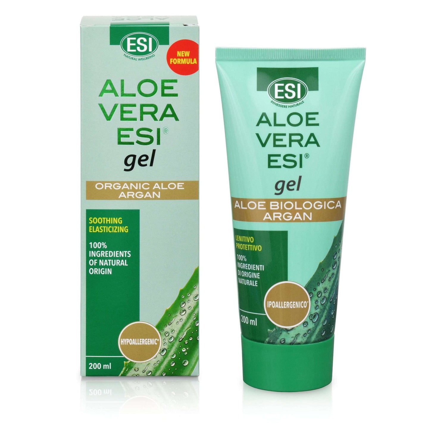 ESI Aloe Vera geeli + arganöljy; 200 ml:n tuubi ja sen pakkaus, molemmat vihreitä ja mattapintaisia vesipisaragrafiikoin; merkinnät luomu, hypoallergeeninen ja 100-prosenttisesti luonnonperäiset ainesosat.