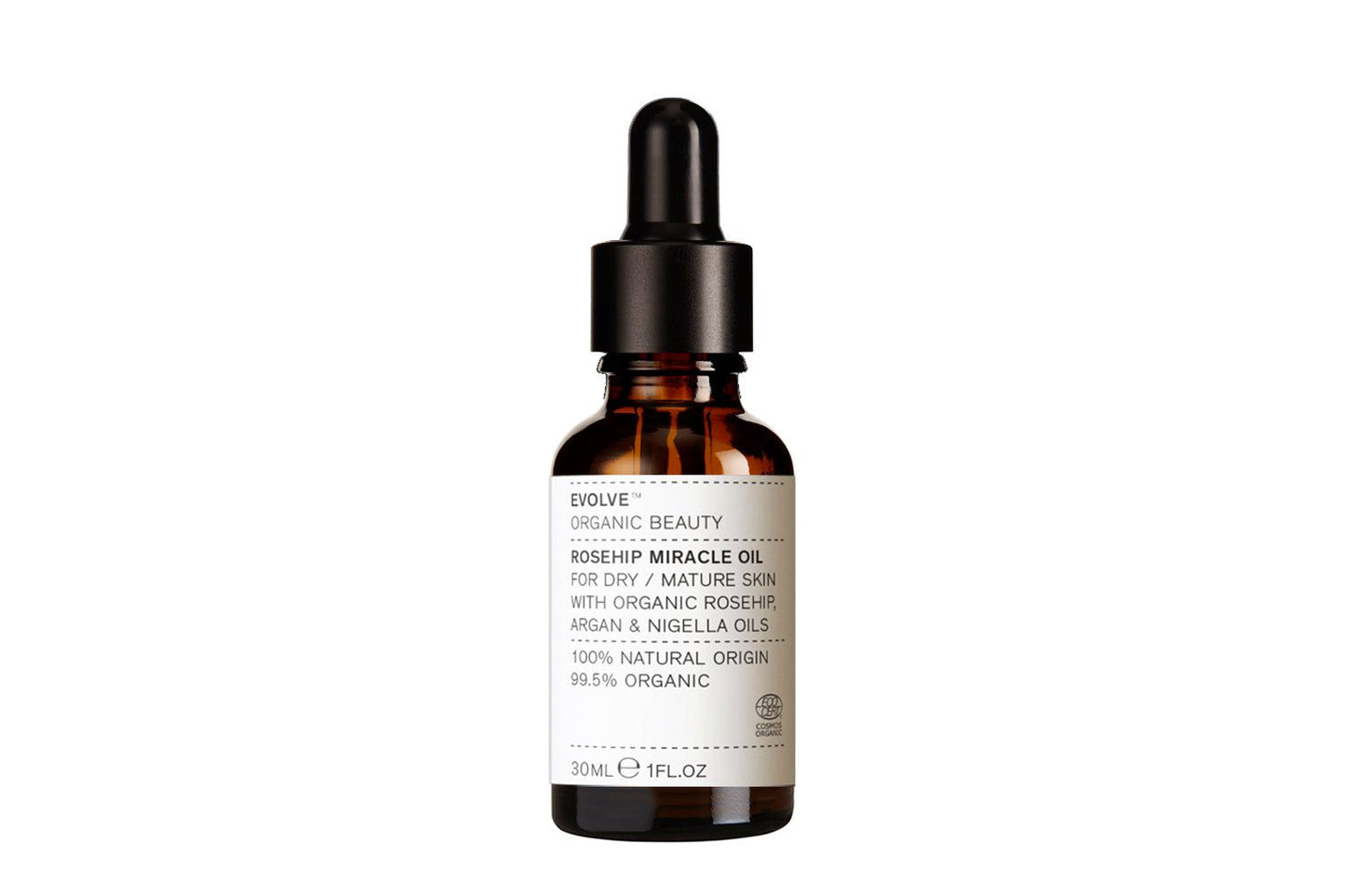 Evolve Rosehip Miracle Oil Tuhkimo Kasvoöljy -tippapullo, 30 ml; ruskea lasipullo mustalla kumi- ja muovikorkilla; valkoisessa etiketissä mustaa tekstausvapaata tekstiä kuivalle tai kypsyvälle iholle sopivasta öljystä, jossa ruusunmarja-, argan- ja mustakuminaöljyä; pullo seisoo pystyssä valkoista taustaa vasten, ei ihmisiä tai käsiä näkyvissä.