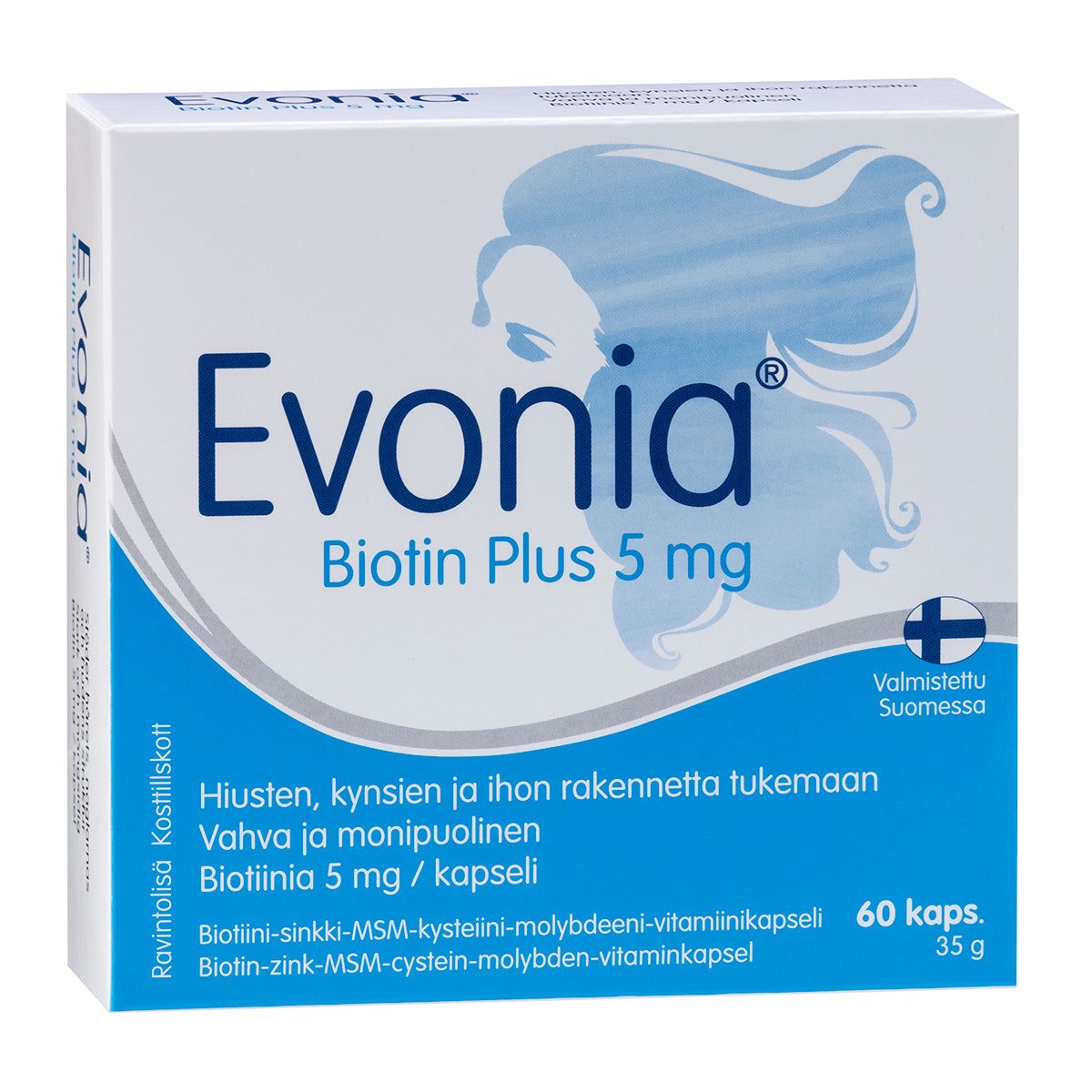 Evonia Biotin Plus 5 mg -pakkaus, 60 kapselia, sininen teksti, naisen pään ja hiusten silhuetti; suorakulmainen mattapintainen valkoinen rasia, suomenkielinen teksti hiuksista, kynsistä ja ihosta, lihavoitu groteskiteksti