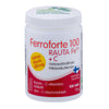 Ferroforte 100; valkoinen muovipullo mattapintaisena kierrekorkilla, sylinterinmuotoinen; etiketin teksti suomeksi ja ruotsiksi kertoo sisältävän 100 tablettia, joista jokainen 100 mg rautaa sekä C-vitamiinia; ei ihmisiä tai käsiä kuvassa; neutraali, siisti studiotausta.