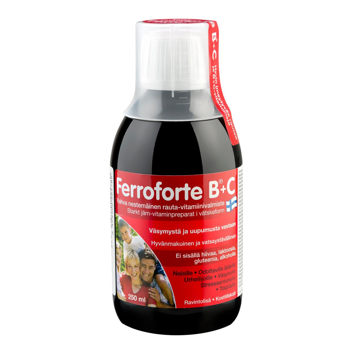 Ferroforte B + C Nestemäinen Rautavalmiste -pullo, 250 ml; punainen ja valkoinen, kiiltäväpintainen ja suorakulmainen pullo pyöristetyin reunoin; etiketissä suomenkielistä tekstiä, valokuvia hymyilevistä ihmisistä sekä luettelo keskeisistä vitamiineista; tekstausvapaata kirjasinta; kuvattu yksiväristä taustaa vasten, itse pullo ainoana esineenä kuvassa.