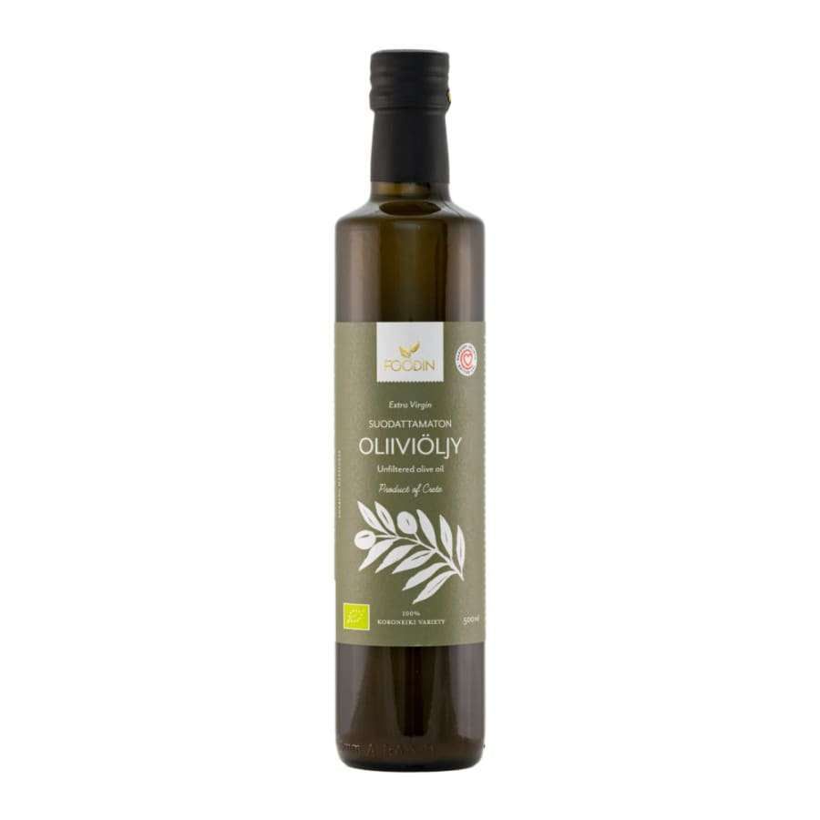 Foodin Extra Virgin Suodattamaton Oliiviöljy; tummanvihreä lasipullo vaaleanvihreällä, kiiltävällä etiketillä pystyssä vaalealla taustalla; etiketissä oliivioksakuvituksia, suomenkielistä tekstiä groteskifontilla ja brändinimi; pullo suoraseinäinen, lyhyt kaula ja kierrekorkki; ei ihmisiä tai toimintaa kuvassa.