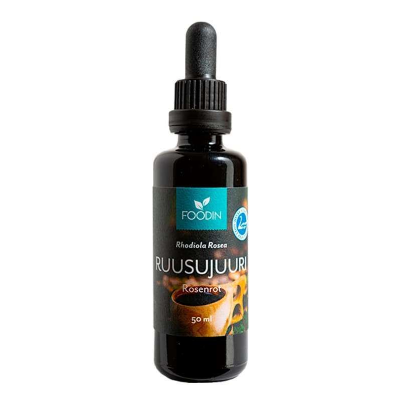 Foodin Rhodiola Rosea Ruusujuuri -uute, 50 ml; tumma lasinen tiputinpullo mustalla korkilla pystyssä; mattaetiketissä teksti "Foodin Rhodiola Rosea Ruusujuuri Rosenrot 50 ml", kuvitus juurista sekä sininen pyöreä laatumerkki; siisti ja selkeä groteskityyppi; ei ihmisiä tai käsiä; vaalea, neutraali tausta.