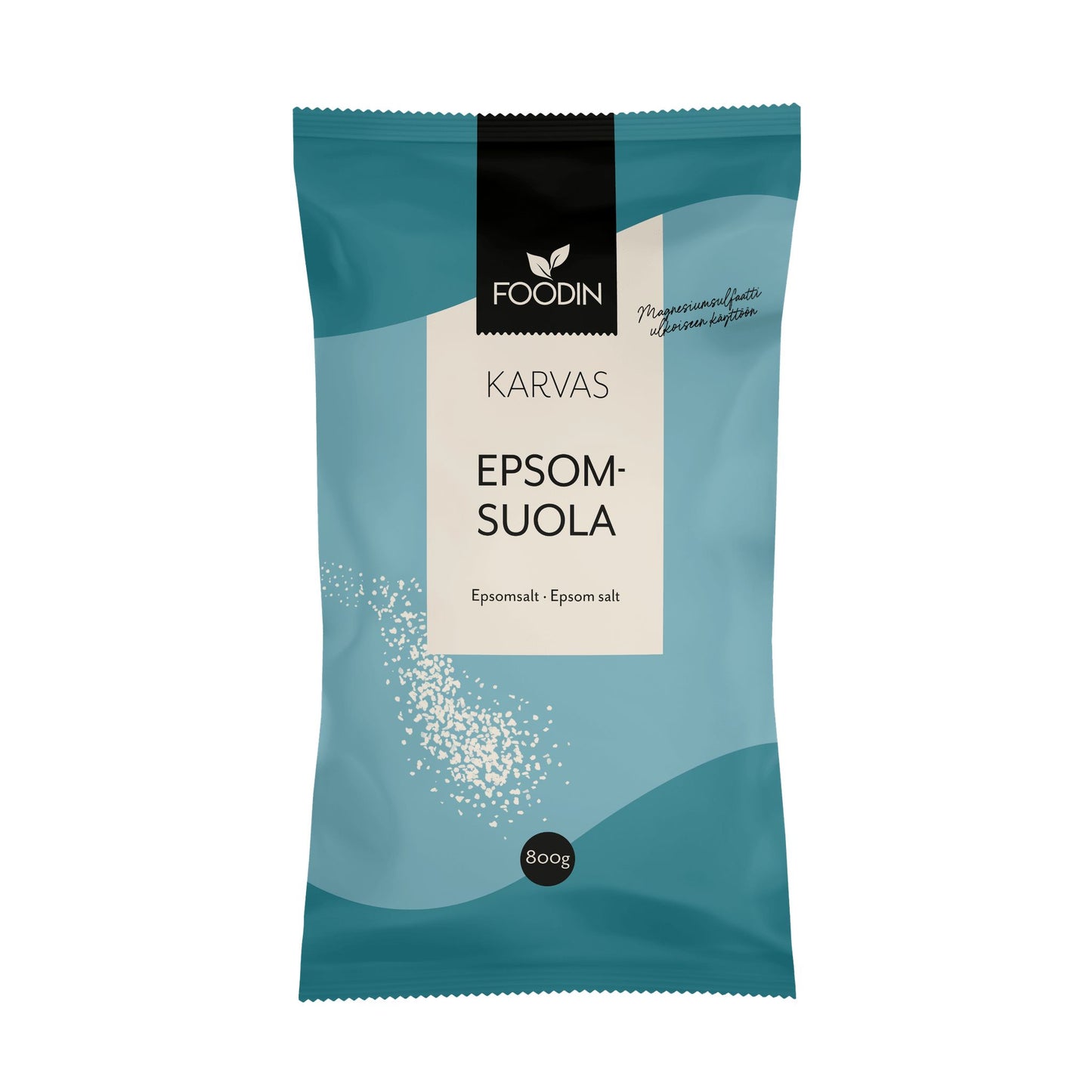 Foodin Karvas Epsom-Suola -pakkaus, 800 g, sininen mattapintainen suorakulmainen pussi; valkoinen groteskiteksti, kuva valkoisista rakeista, pienempää suomenkielistä tekstiä alla