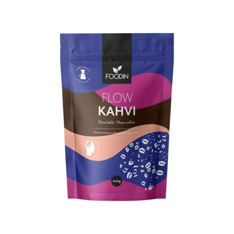 Foodin FLOW Kahvi; 200 g uudelleensuljettava pussi Foodin Flow Kahvi -kahvia nykyaikaisin violetein, ruskein ja pinkein muotoiluin, kahvipapukuvituksin ja kaksikielisin suomen- ja englanninkielisin tekstein etupuolella; pussi mattapintaista muovia pystysuorakulmaisena tasapohjaisena; etikettitekstissä groteskikirjasin; tuote kuvattu pystyssä valkoisella taustalla, ei ihmisiä tai rekvisiittaa kuvassa.