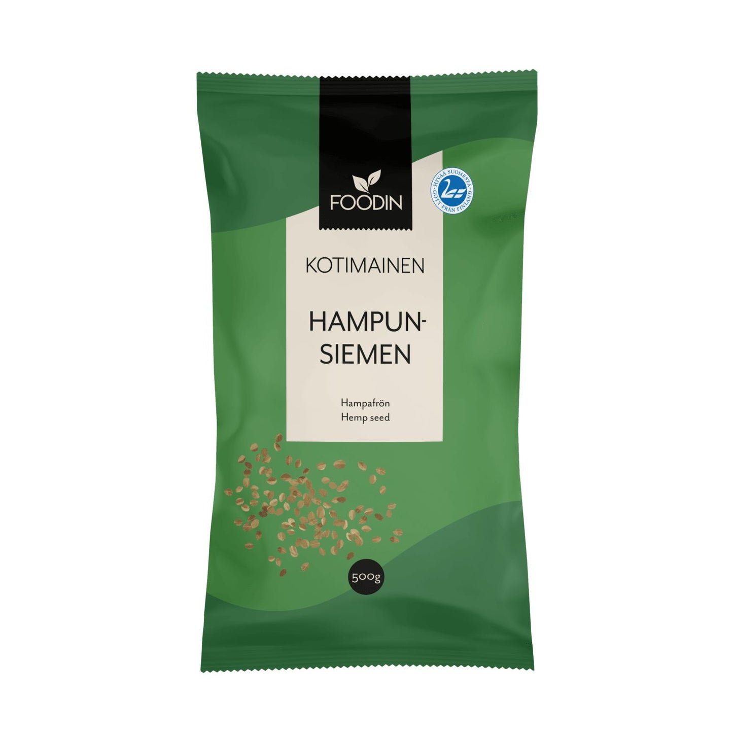 Foodin Kotimainen Hampunsiemen, 500 g; vihreä pakkaus, jossa hajallaan olevien hampunsiemenien kuvitus etusivulla, korostaen luonnollista suomalaista alkuperää; matta, uudelleensuljettava, pystyssä oleva pussi; valkoista ja keltaista groteskitekstiä keskitettynä; ei ihmisiä tai toimintaa; vaalea tausta; suoraviivainen tuotekuva täydeltä etupuolelta.