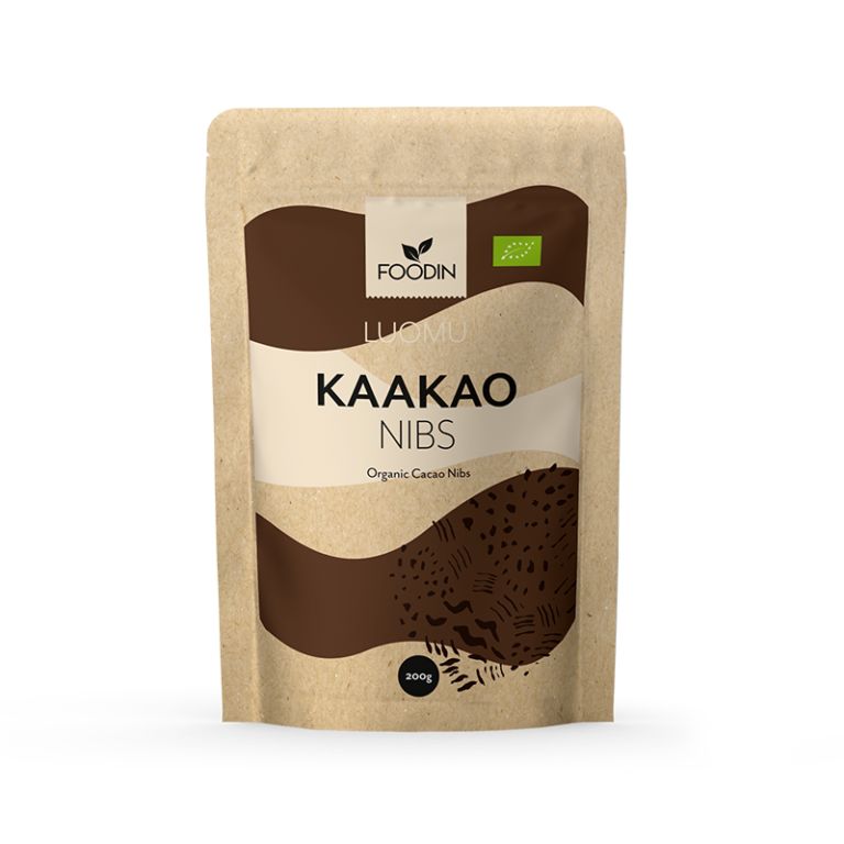Foodin Luomu Kaakaonibs -pussi, 200 g; ruskea-beige mattapintainen seisova pussi, yksinkertainen kaakaokuvitus, valkoinen ja tummanruskea groteskiteksti