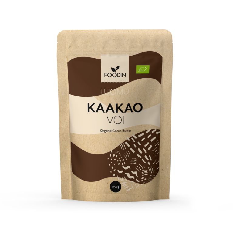 Foodin Luomu Kaakaovoi -pussi, 350 g; beige mattapintainen pussi ruskein kuvioin ja vihreällä luomumerkillä etupaneelissa, groteskiteksti suomeksi ja englanniksi