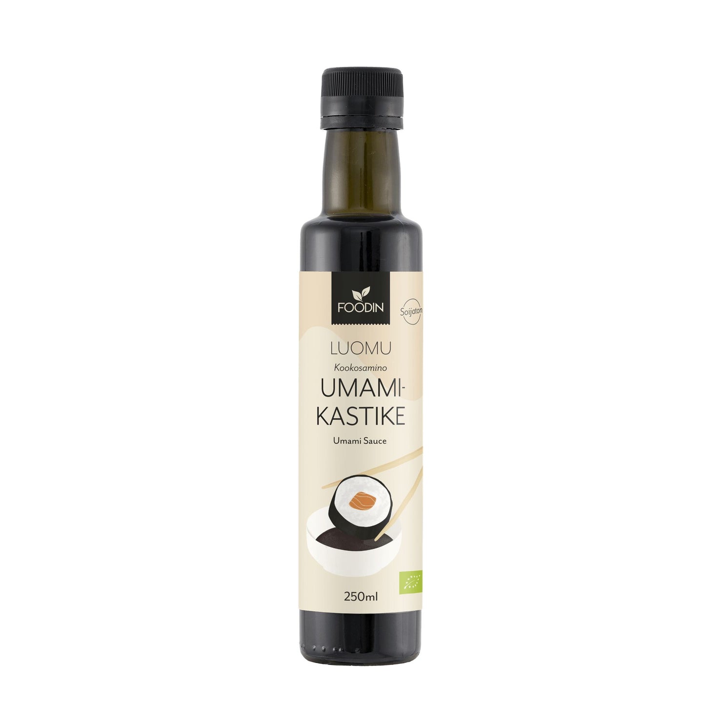 Foodin Luomu Kookosamino Umamikastike, 250 ml; pullo, jossa musta muovinen kierrekorkki ja lieriömäinen lasirunko; beige, mattapintainen etiketti kattaa suurimman osan etusivusta, selkeää groteskitekstiä; kuvituksena kulhollinen tummaa kastiketta ja puiset syömäpuikot; tuotenimi ja kuvaus kertakerroin; vaalea tausta, studiokuva.