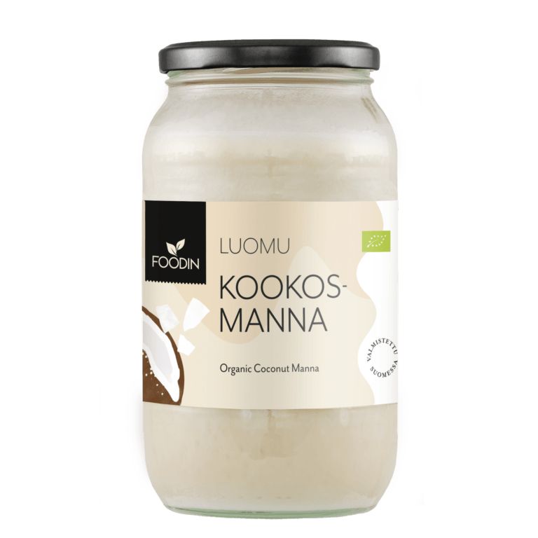 Foodin Luomu Kookosmanna -purkki, musta kansi; sylinterinmuotoinen kirkas lasipurkki, valkoinen etiketti kookospähkinäkuvalla, selkeä groteskiteksti suomeksi ja englanniksi