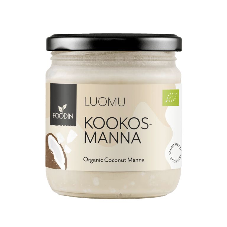Foodin Luomu Kookosmanna -purkki, musta muovikansi; pyöreä lasipurkki, mattapintainen beige paperietiketti kookospähkinäkuvilla, teksti suomeksi ja englanniksi