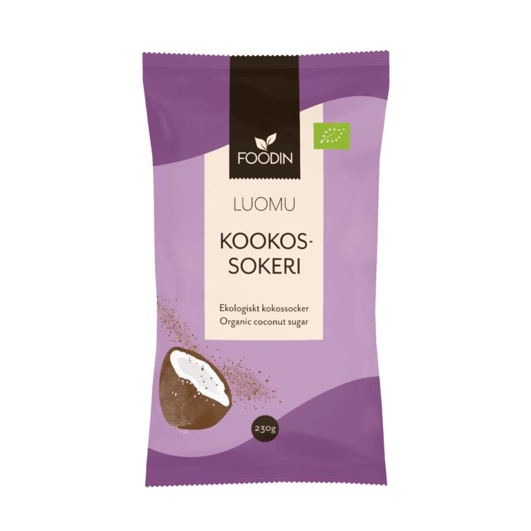 Foodin Luomu Kookossokeri -pakkaus, 250 g, violetti, kookoskuvitus sekä teksti suomeksi, ruotsiksi ja englanniksi; pussi suorakulmainen mattapinnalla; valkoista tekstausvapaata kirjasinta merkkituotetiedoissa; "Foodin" suuraakkosin yläosassa; tausta valkoinen; ei ihmisiä tai käsiä näkyvissä.