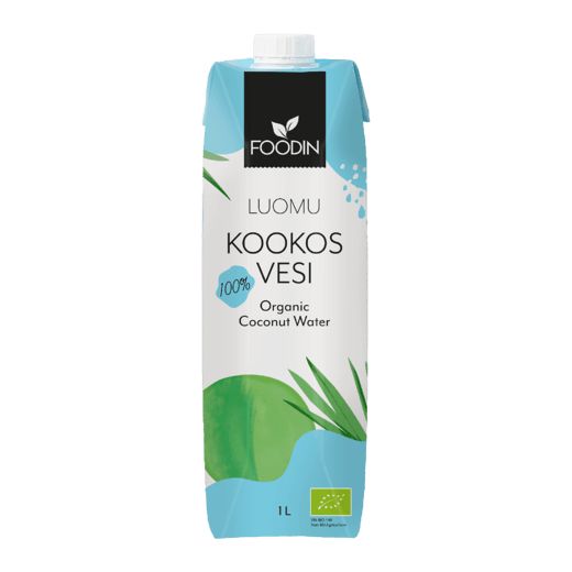 Foodin Luomu Kookosvesi, 1 litra; sininen-vihreä-valkoinen tetrapakkaus, suomen- ja englanninkielistä tekstiä, lehtilogo sekä EU:n luomumerkki; suorakulmainen, mattapintainen pakkaus, valkoinen muovinen kierrekorkki; groteskityyppistä tuoteinformaatiota; vaalea tausta, ei ihmisiä; kuvassa vain pakkaus.