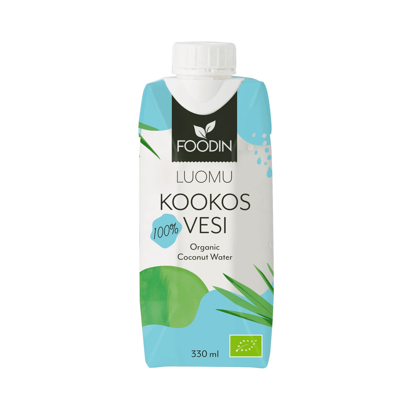 Foodin Luomu Kookosvesi, 330 ml; sininen-valkoinen, mattapintainen tetrapakkaus, vihreä lehtigrafiikka sekä valkoinen muovinen kierrekorkki; suorakulmainen muoto pyöristetyin kulmin; eri kokoista groteskitekstiä; pakkaus seisoo pystyssä vaalealla taustalla; teksti suomeksi ja englanniksi korostaa luomualkuperää.