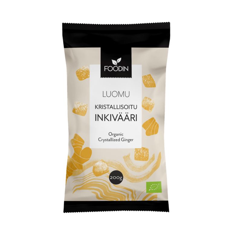 Foodin Luomu Kristallisoitu Inkivääri, 200 g; beige-musta pakkaus, jossa elävät inkiväärikuvitukset sekä kaksikielistä tekstiä suomeksi ja englanniksi; mattapintainen, uudelleensuljettava pussi; lihavoitua groteskitekstiä; pakkaus pystyssä vaalealla taustalla studiokuvassa, ei ihmisiä.