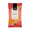 Foodin Luomu Mangopala; punainen ja vaaleanpunainen mattapintainen suorakulmainen pakkaus tekstillä "FOODIN LUOMU MANGO", luettavissa myös "Ekologisk mango", "Organic mango" sekä kuva viipaloidusta keltaoranssista mangosta; teksti painettu selkeästi ja lihavoituna; pakkauksessa maininta 80 g:n sisällöstä; ei ihmisiä tai käsiä; vaalea tausta.