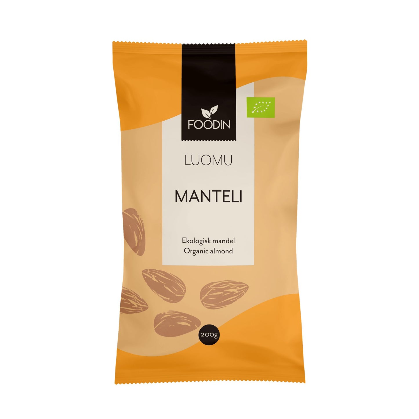 Foodin Luomu Manteli -pakkaus, keltainen ja beige, kuvitus manteleista ja 200 g paino, teksti suomeksi ja ruotsiksi; mattapintainen suorakulmainen joustava muovipussi uudelleensuljettavalla yläosalla; tumma tekstausvapaa logo yläosassa, suuri lihavoitu tuotenimi etupuolella; kuvatyyppi lähikuva tuotteesta ilman näkyvää taustaa; ei ihmisiä tai käsiä näkyvissä.