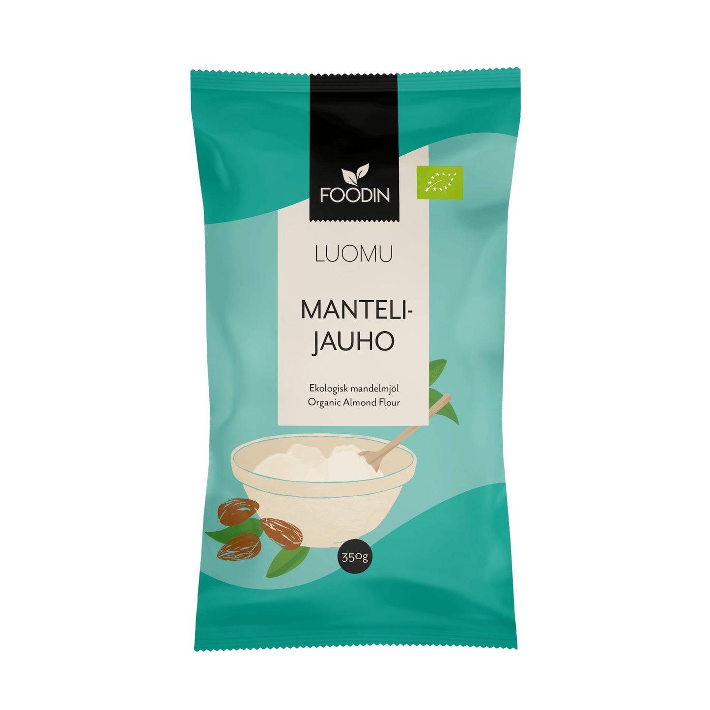 Foodin Luomu Mantelijauho -pakkaus, 350 g, teal-vaaleanvihreä, kuva mantelijauhokulhosta ja kokonaisista manteleista; mattapintainen suorakulmainen pussi lämpösaumatulla yläreunalla, valkoinen-tummanteal groteskiteksti