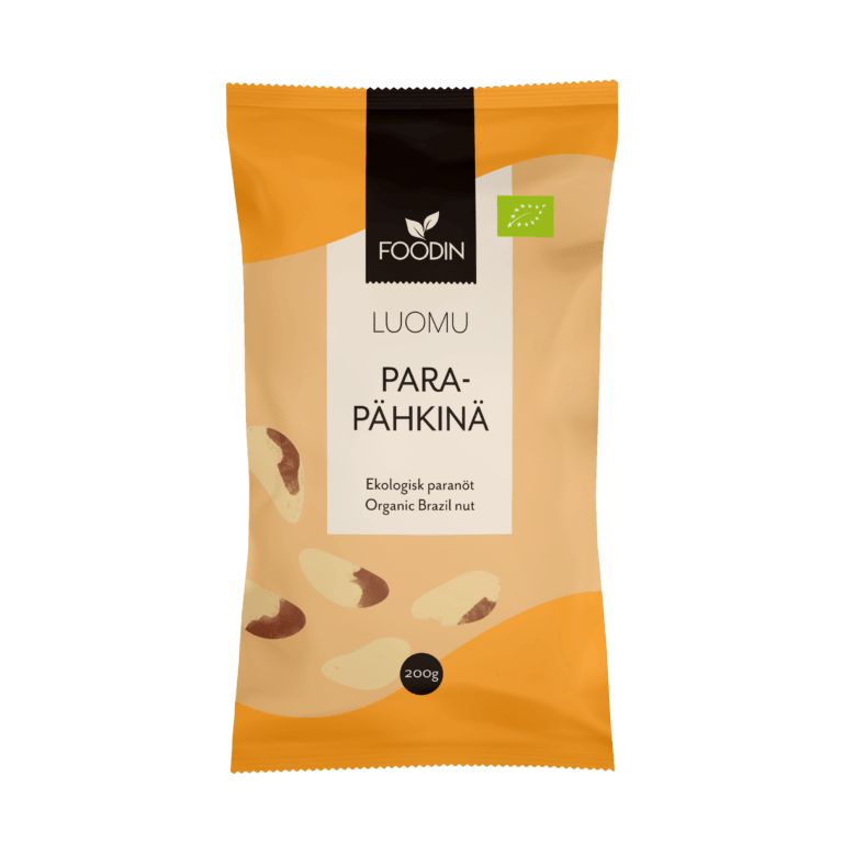Foodin Luomu Para-pähkinä -pussi, 200 g, oranssi ja beige, sisältää raakoja luomuparapähkinöitä, kuvia pähkinöistä pakkauksessa; pussi joustavaa muovia mattapinnalla, suorakulmainen ja pystyssä; yksinkertaista valkoista tekstausvapaata tekstiä molemmilla väriosioilla; tausta neutraali ilman rekvisiittaa tai ihmisiä; kuva edestäpäin keskitettynä.