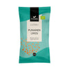 Foodin Luomu Punainen Linssi, 500 g; sinivihreä-vaaleansininen pakkaus, jossa oransseja linssikuvituksia pussin alaosassa; korostaa luomuainesosia; mattapintainen, suorakulmainen pakkaus, lihavoitua valkoista suuraakkostekstiä etusivulla; pakkaus pystyssä vaalealla taustalla; ei ihmisiä tai käsiä.
