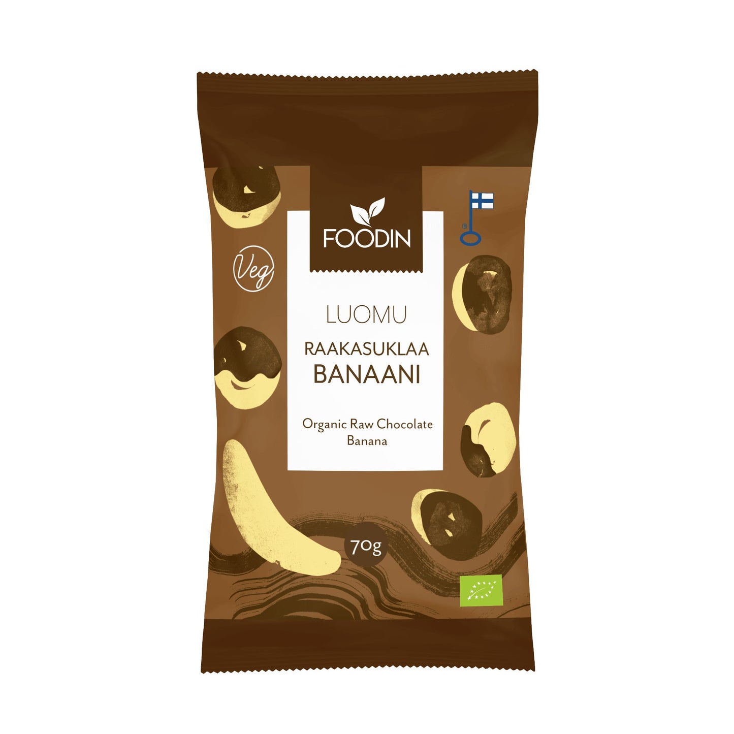 Foodin Luomu Raakasuklaa Banaani, 70 g; ruskea, mattapintainen pussi, suorakulmainen, uudelleensuljettava; etiketti kertoo tuotteen olevan luomuraakasuklaata banaanilla; pakkauksessa banaani- ja suklaakuvituksia, pieni Suomen lippu sekä vegaani- ja luomusertifiointimerkit; kaksikielistä tekstiä suomeksi ja englanniksi; vaalea tausta, ei ihmisiä; kuvassa koko pakkauksen etusivu.