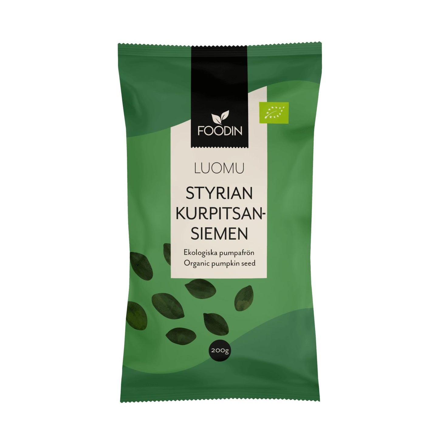Foodin Luomu Kurpitsansiemen (Steirer-kurpitsansiemen), 200 g; vihreä, suorakulmainen, mattapintainen muovipussi; etusivulla mustaa ja valkoista groteskitekstiä, yksinkertainen lehtimäinen logo brändinimen yläpuolella sekä tasokuvitettuja kurpitsansiemeniä; ei valmistus- tai ravintotietoja näkyvissä; pakkaus vaalealla, tasaisesti valaistulla taustalla, ei ihmisiä.