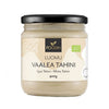 Foodin Luomu Tahini Vaalea -purkki, 400 g, lasinen, musta muovikansi, kermanvärinen mattaetiketti; teksti suomeksi ja englanniksi, vihreä luomusertifiointimerkki