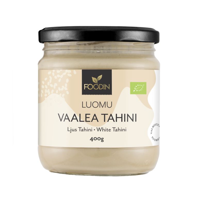 Foodin Luomu Tahini Vaalea -purkki, 400 g, lasinen, musta muovikansi, kermanvärinen mattaetiketti; teksti suomeksi ja englanniksi, vihreä luomusertifiointimerkki