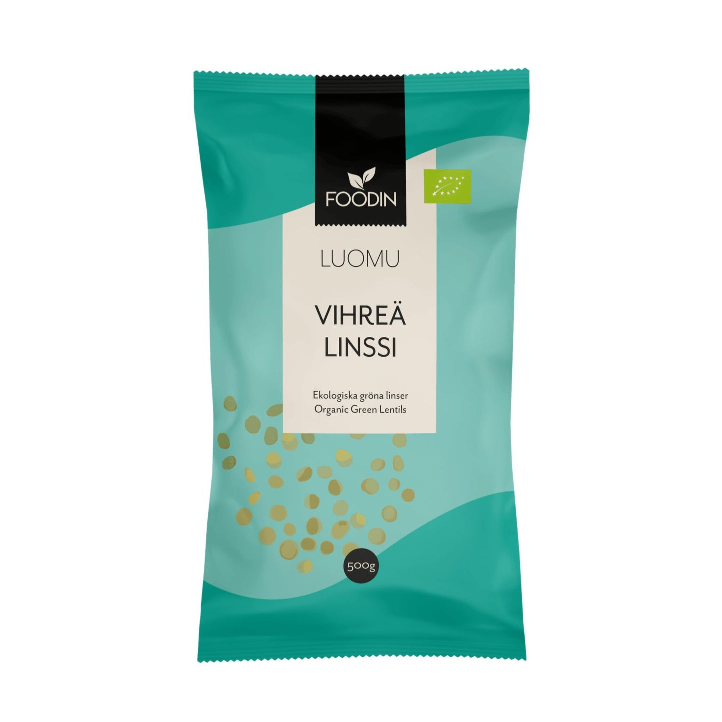 Foodin Luomu Vihreä Linssi, 500 g; sinivihreä-valkoinen pussi, jossa kultaisia linssikuvituksia sekä kaksikielisiä merkintöjä suomeksi ja englanniksi; mattapintainen, suorakulmainen, pystysuora, suljettu yläreunasta; yksinkertaista groteskitekstiä; vaalea tausta, ei ihmisiä tai käsiä.