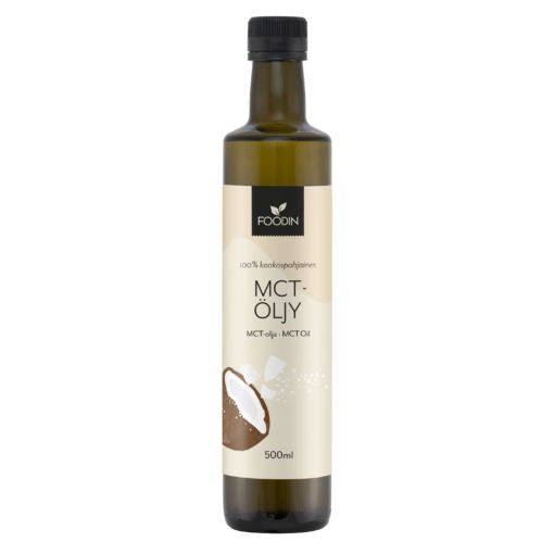 Foodin MCT-öljy 500 ml -pullo, musta kierrekorkki; kirkas kiiltäväpintainen muovipullo, valkoinen etiketti vihrein yksityiskohdin ja kookospähkinäkuvituksella, groteskiteksti tuotenimestä ja tilavuudesta
