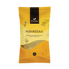 A yellow and black bag of Foodin vegan parmesan, labeled Paramesan, with a Finnish flag and 120g on the front. The plant-based packaging features a transparent window showing the contents. The bag is matte with a rectangular shape. White block lettering is used for the main text, and smaller font details are present. The background is plain white with no visible people or hands in the shot.