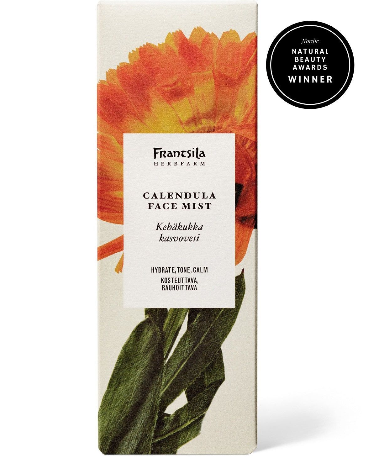 Frantsila Calendula Face Mist -rasia, jossa oranssi kehäkukkakuvitus ja tuoteteksti sekä musta pyöreä merkki, joka korostaa voittoa Natural Beauty Awards -kilpailussa ja kasviperäisiä ainesosia; rasia pystyssä, mattapinta, pääosin valkoinen, selkeää groteskitypografiaa; tuote kuvattu saumattomalla valkoisella taustalla tasaisessa valaistuksessa.