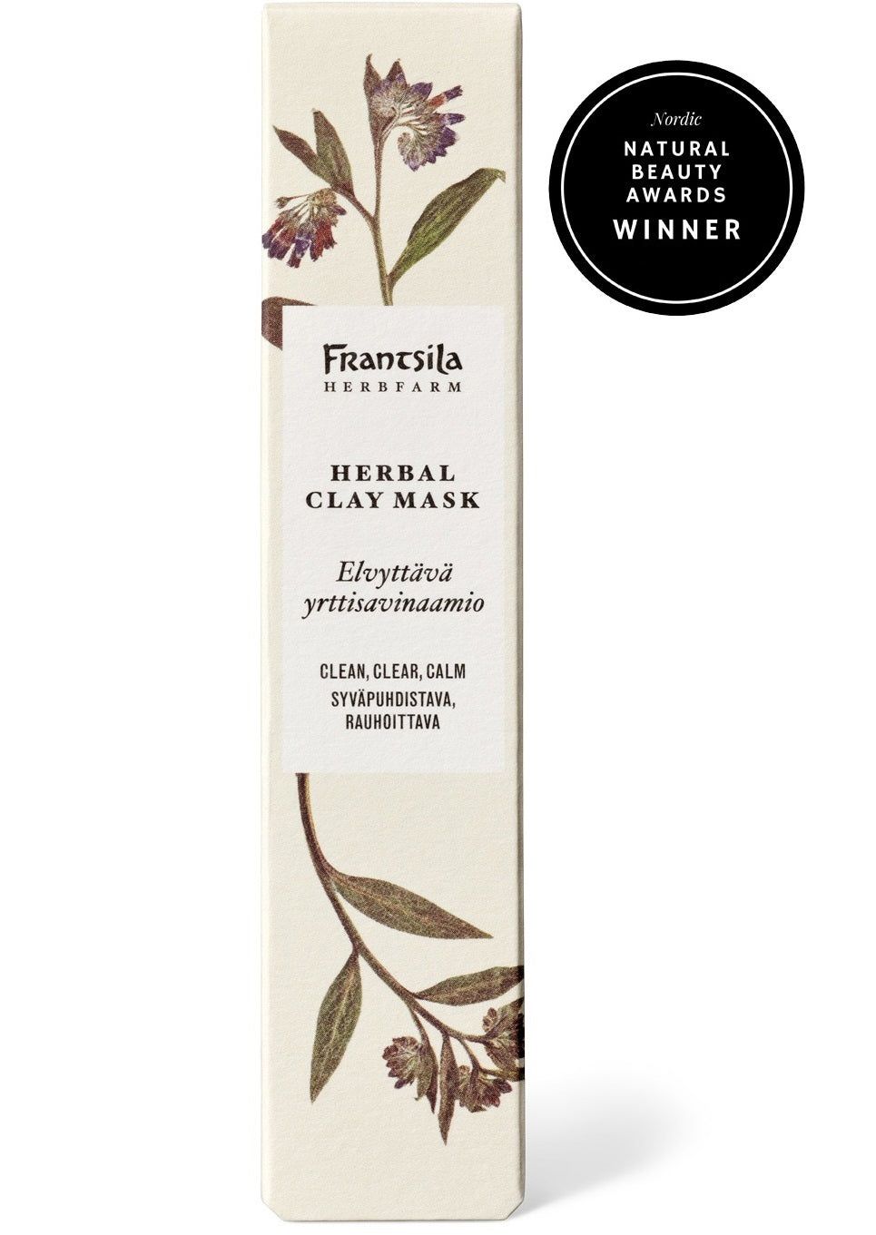 Frantsila Elvyttävä yrttisavinaamio; suorakulmainen pakkaus tekstillä "Frantsila Herb Farm Herbal Clay Mask", kasvikuvituksin ja tuotetiedoin; pakkaus mattapintaista pahvia vaalealla taustalla; oikeassa yläkulmassa pyöreä mitali tekstillä "Nordic Natural Beauty Awards Winner"; ei ihmisiä tai käsiä kuvassa.