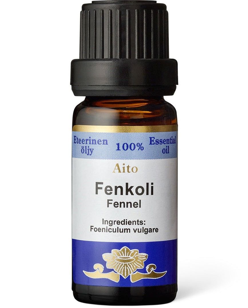 Frantsila Aito Fenkoli Eteerinen Öljy -pullo, pieni ruskea puolikirkas lasipullo, musta korkki, sininen-valkoinen etiketti; ainesosana Foeniculum vulgare, yksinkertainen groteskiteksti
