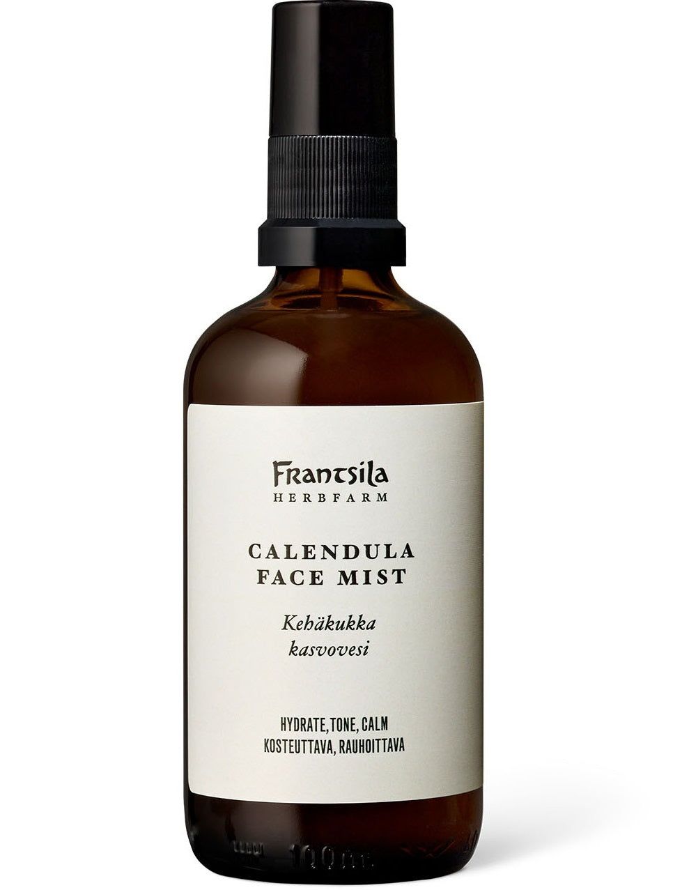 Frantsila Herb Farm Calendula Face Mist -kasvovesi, tekstissä korostetaan kosteuttavia, tasapainottavia ja rauhoittavia ominaisuuksia sekä lempeää kehäkukkauutetta; valkoinen tausta; etiketissä selkeää serif- ja groteskifonttia mustana valkoisella mattatarralla; pullo lieriömäinen, musta muovinen suihkekorkki; ei ihmisiä kuvassa.