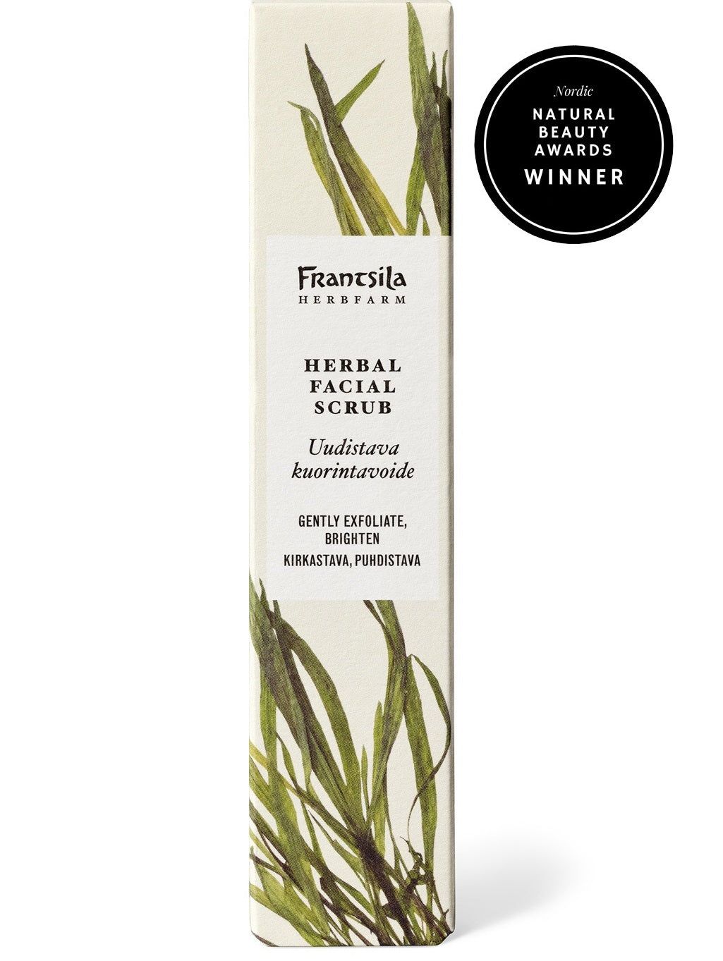 Frantsila Uudistava Kuorintavoide; laatikko tekstillä "Frantsila Herb Farm Herbal Facial Scrub" vihrein kasvikuvituksin; laatikko suorakulmainen mattapahvia, pääosin valkoinen vihrein muotoiluelementein; serifi- ja groteskikirjasin näkyvissä pakkauksessa; oikeassa yläkulmassa musta pyöreä mitali tekstillä "Nordic Natural Beauty Awards Winner"; vaalea tausta, ei ihmisiä kuvassa.