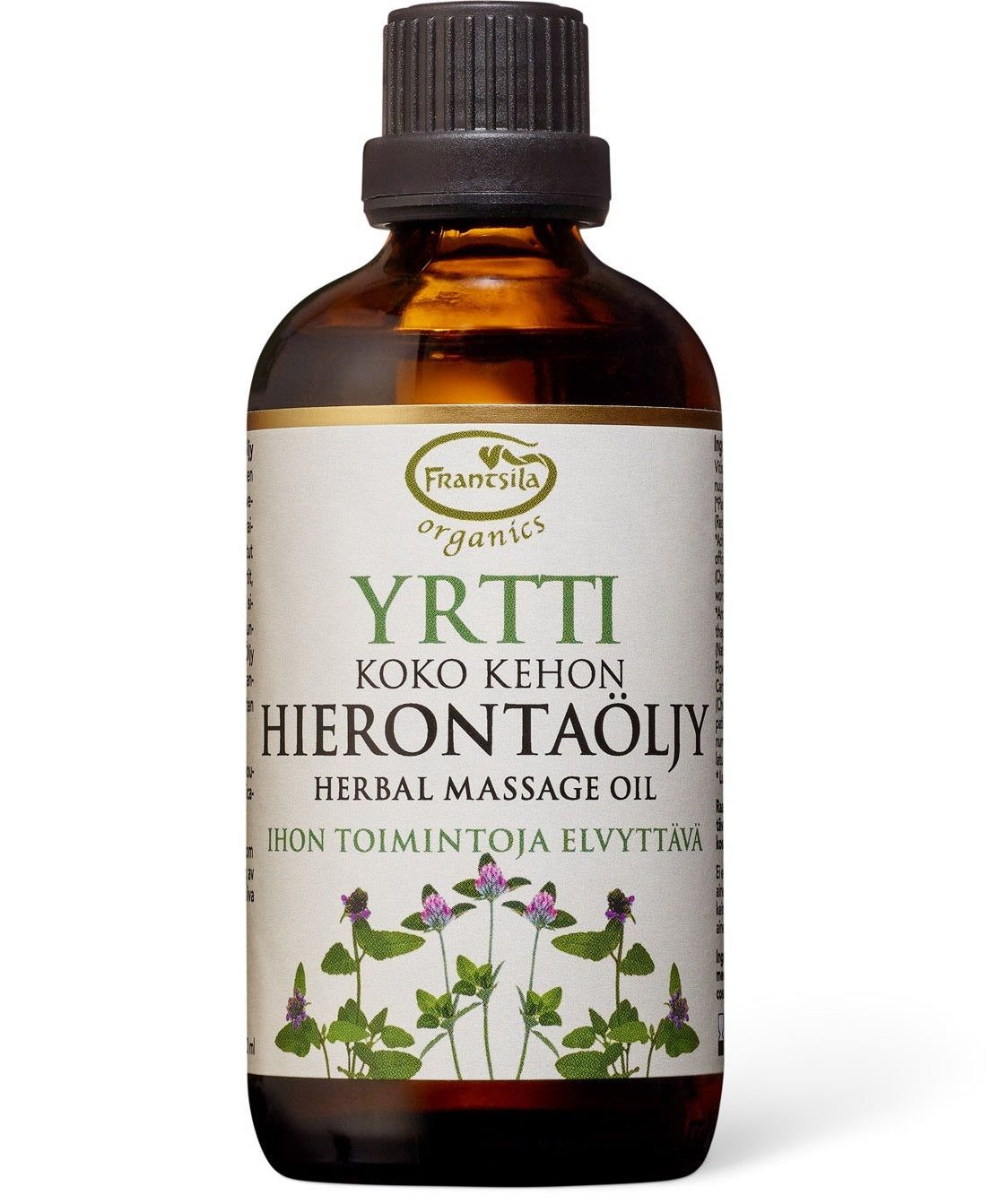 Frantsila Organics Yrtti Koko Kehon Hierontaöljy -pullo, ruskea, yrtti- ja kukkakuvitus etiketissä; sylinterinmuotoinen, sileä pinta, kierrekorkki, musta serif- ja groteskiteksti