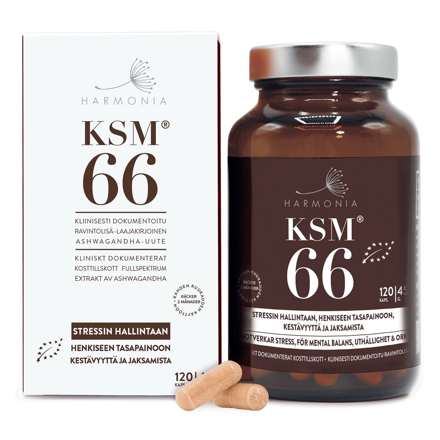 Harmonia KSM 66 -pullo ja pakkaus, kaksi kapselia edessä; suomenkielinen teksti korostaa stressinhallintaa, henkistä tasapainoa ja yleistä hyvinvointia; pullo valkoista muovia kierrekorkilla; laatikko mattapinnalla vihrein, oranssein ja valkoisin osioin; molemmissa tekstausvapaata typografiaa; ei ihmisiä tai käsiä näkyvissä; tausta valkoinen, suoraviivainen tuotekuva silmän tasolta.