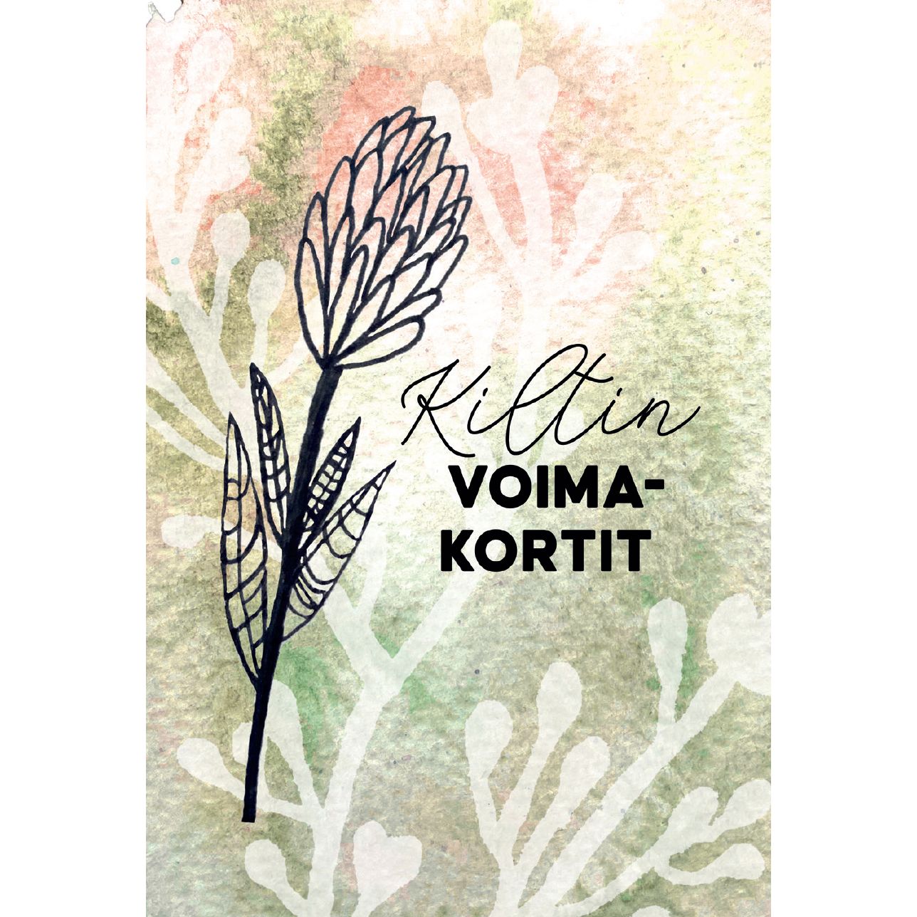 Hidasta Elämää Kiltin Voimakortit; kortti tai tuloste mattapintaisena, käsin piirretty kasvikuvitus pastellisävyisellä vesivärikuvitteisella taustalla; suomenkielinen teksti "Kiltin voima-kortit" mustin tyylikkäin lihavoiduin kirjaimin, luontoaiheisin taideteemoin; suorakulmainen muoto, ei pakkausta näkyvissä; ylhäältä kuvattu tasainen asetelma, ei ihmisiä tai käsiä.