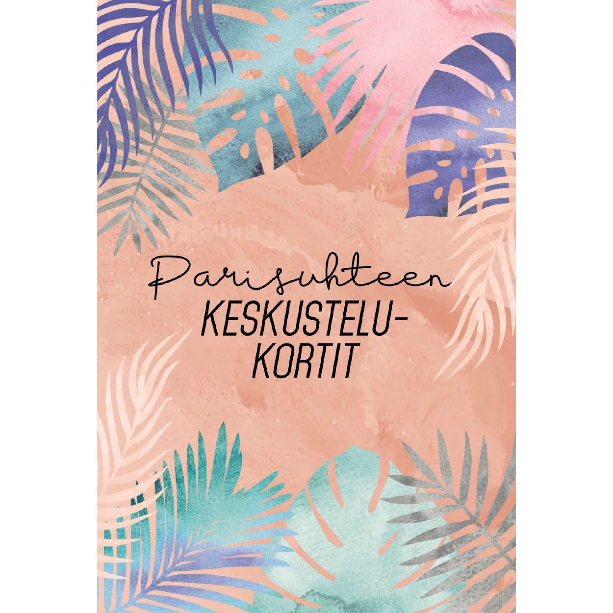 Hidasta Elämää Parisuhteen keskustelukortit; tuotteen kansi pastellisävyisin trooppisin lehtikuvioin; suomenkielinen teksti "Parisuhteen keskustelukortit" mustalla käsialakirjasimella keskitettynä; tausta persikan- ja vaaleanpunainen hienovaraisin nykyaikaisin muotoiluelementein; ylhäältä kuvattu asetelma ilman näkyvää pakkausta, suorakulmainen muoto mattapintaisena; ei ihmisiä tai käsiä kuvassa.