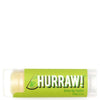 Hurraw! Huulivoide Lime -tuubi, vihreä, limettikuvitus, teksti "HURRAW! vegan lime lip balm 4.8g/.17oz"; mattapinta, lihavoitu valkoinen ja keltainen groteskiteksti, kirkas korkki näyttää vaalean voiteen