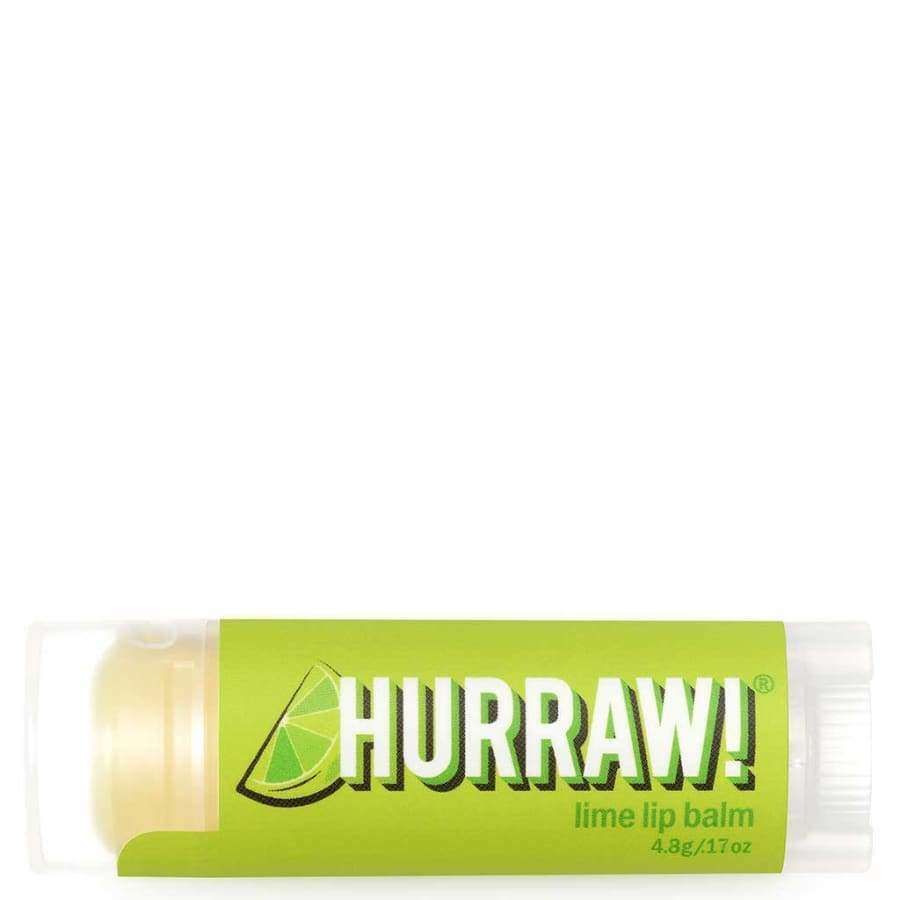 Hurraw! Huulivoide Lime -tuubi, vihreä, limettikuvitus, teksti "HURRAW! vegan lime lip balm 4.8g/.17oz"; mattapinta, lihavoitu valkoinen ja keltainen groteskiteksti, kirkas korkki näyttää vaalean voiteen