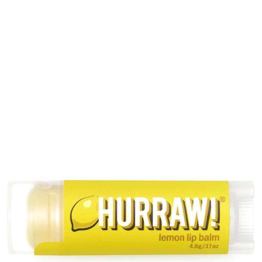 Hurraw! Huulivoide Sitruuna -tuubi, keltainen, 4,8 g, mattamuovi, kirkas korkki vasemmalla; lihavoitu valkoinen teksti "HURRAW!" ja sitruunakuvitus