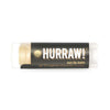 Hurraw! Huulivoide Sun Balm SPF 15 -tuubi, musta-kultainen etiketti, kirkas korkki, mantariinikamomillamaku; mattapinta, groteskiteksti tuotenimestä ja SPF 15 -suojakertoimesta