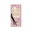 iChoc White Vanilla -vegaanisuklaapatukka violetilla sydänkuviolla, vaniljatanko-kuvituksin sekä merkinnöin luomu, Fairtrade ja muoviton pakkaus, paino 80 g; suklaa suorakaiteen muotoinen mattapinnalla; ulkokääre pääosin beige kontrastoivin violetein grafiikoin; tuotenimi lihavoidulla valkoisella fontilla ruskeaa taustaa vasten; ei ihmisiä tai käsiä näkyvissä; kuvattu tasaisella alustalla.